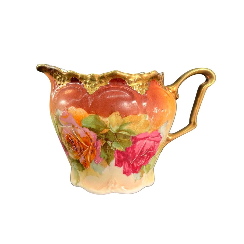 Victorian Rose Porcelain Creamer, German Three Crown - Satin China Gold Trim